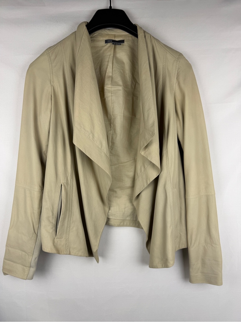 Vince Soft Ivory Open-Front Leather Blazer lined zipper pockets size S read